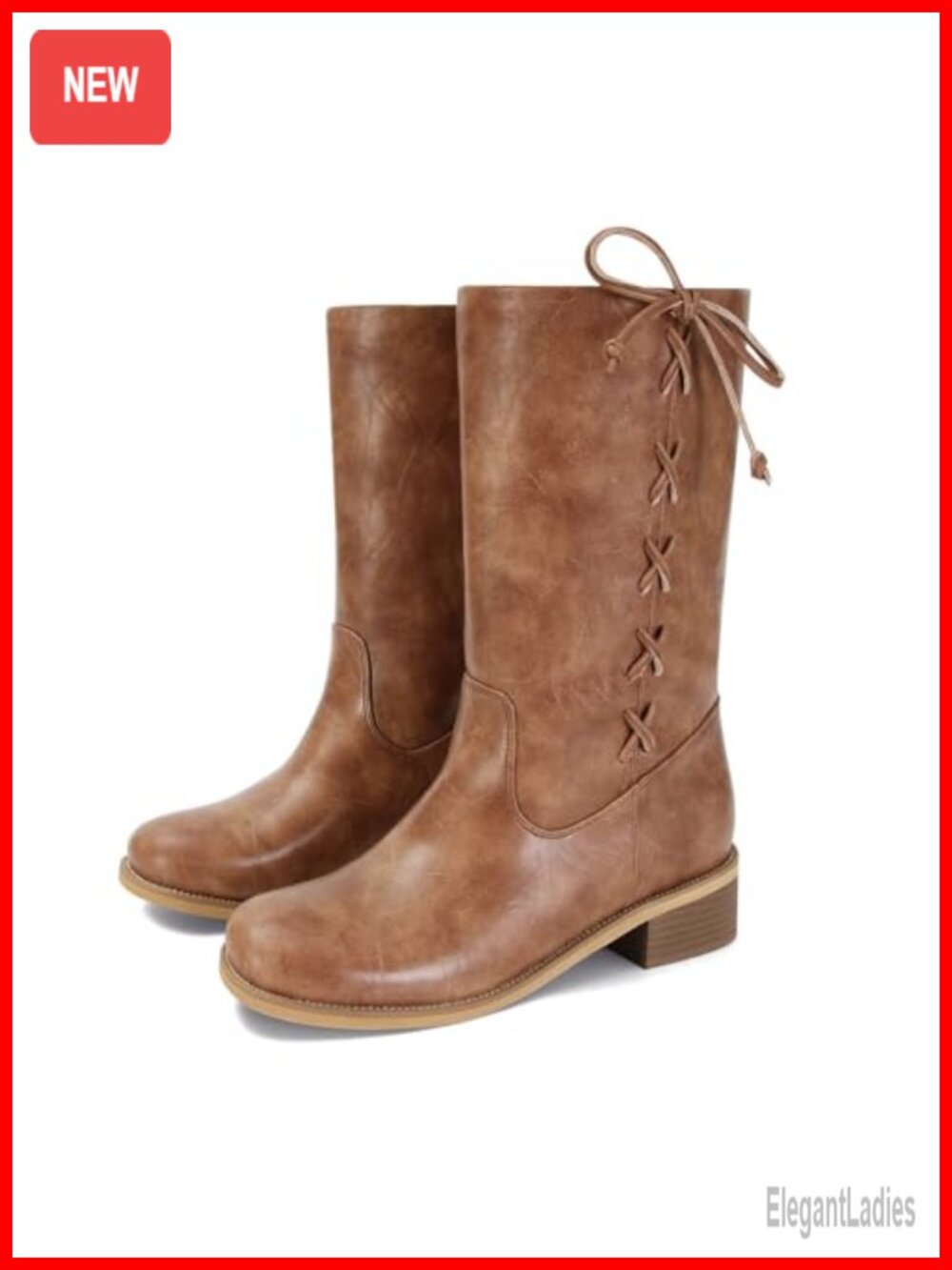 Women's Wide Lace Up Mid Calf Boots Chunky Low Heel Round Toe Retro Fall Winter